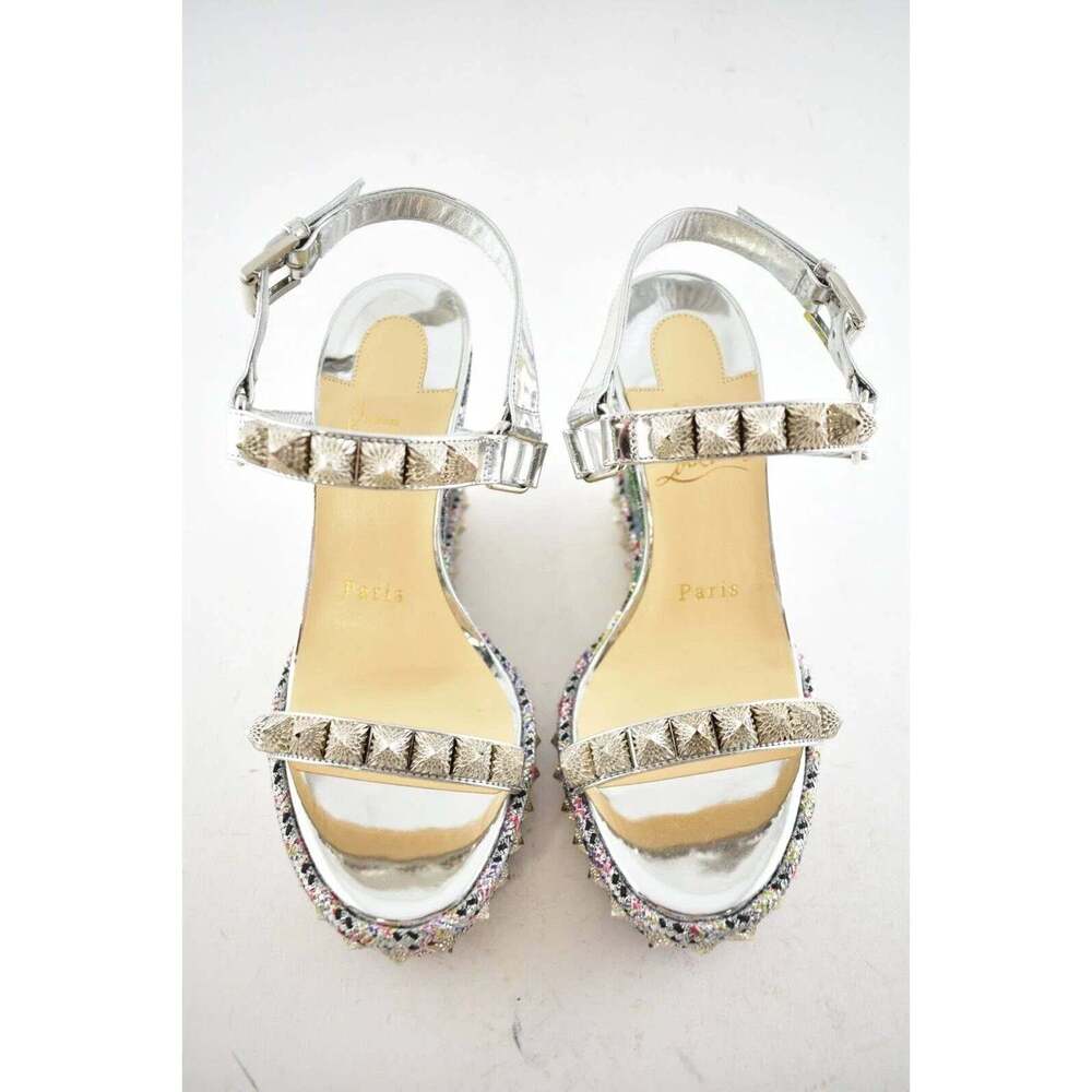Christian Louboutin Pira Ryad 110 Silver Sequin Platform Wedge Sandal Heel 36 - Picture 8 of 9